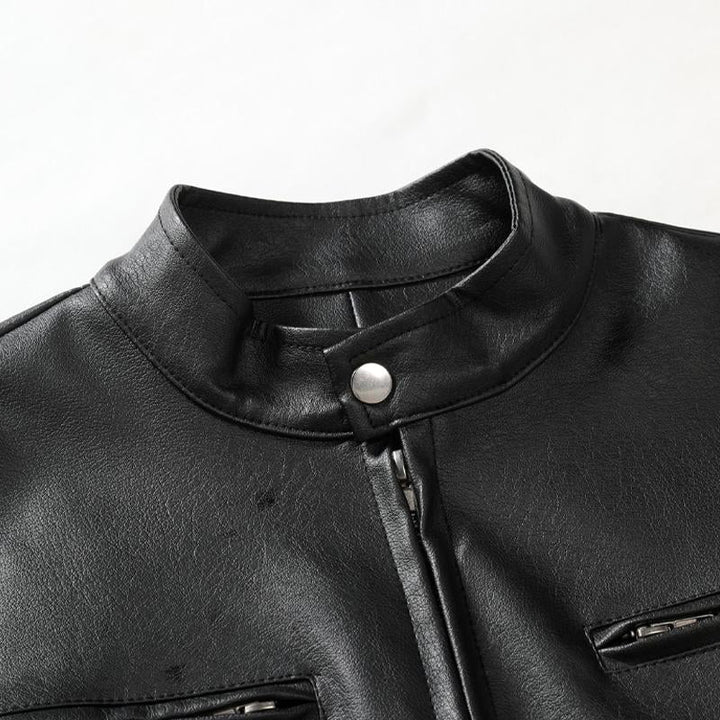 Men's Slim Fit Stand Collar Leather Jacket - Style 11233032X