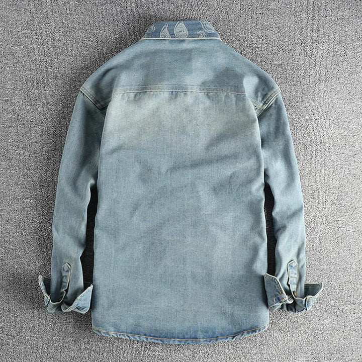 Men's Vintage Washed Denim Shirt with Cashew Flower Embroidery - Long Sleeve Style 40220583M