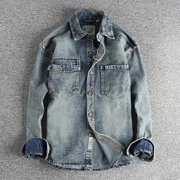 Men's Vintage Washed Denim Shirt with Cashew Flower Embroidery - Long Sleeve Style 40220583M