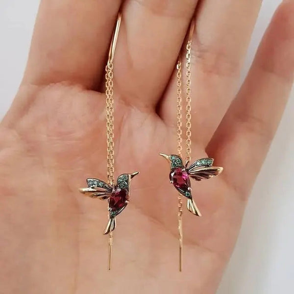 Pendientes largos con motivo de colibrí y piedra de color
